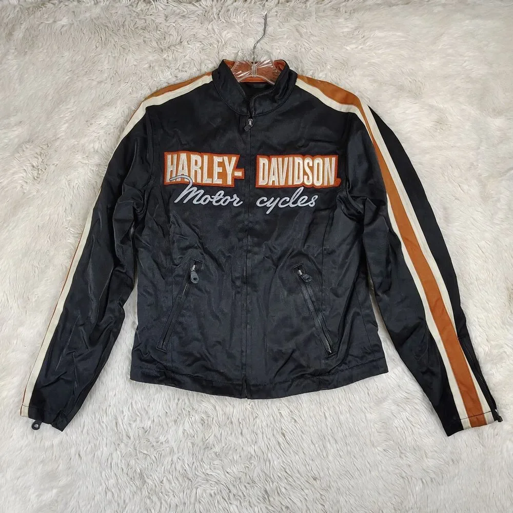 FLAWS Harley Davidson Womens XS Motorcycle Jacket Black Orange Zip - Picture 1 of 16